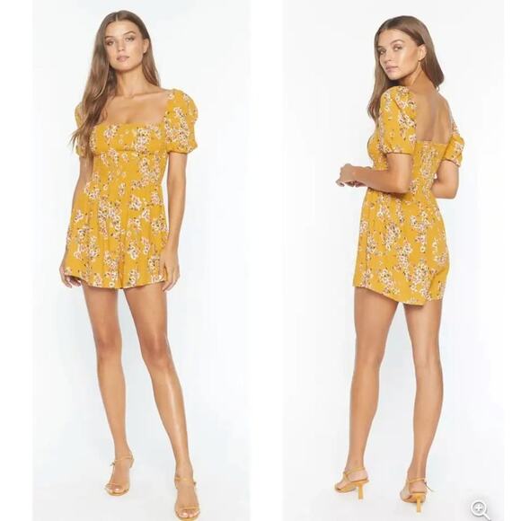 Flynn Skye Pants - New to Posh 🍁 Flynn Skye Justine Mustard Springs Floral Smock Sleeve Romper XS